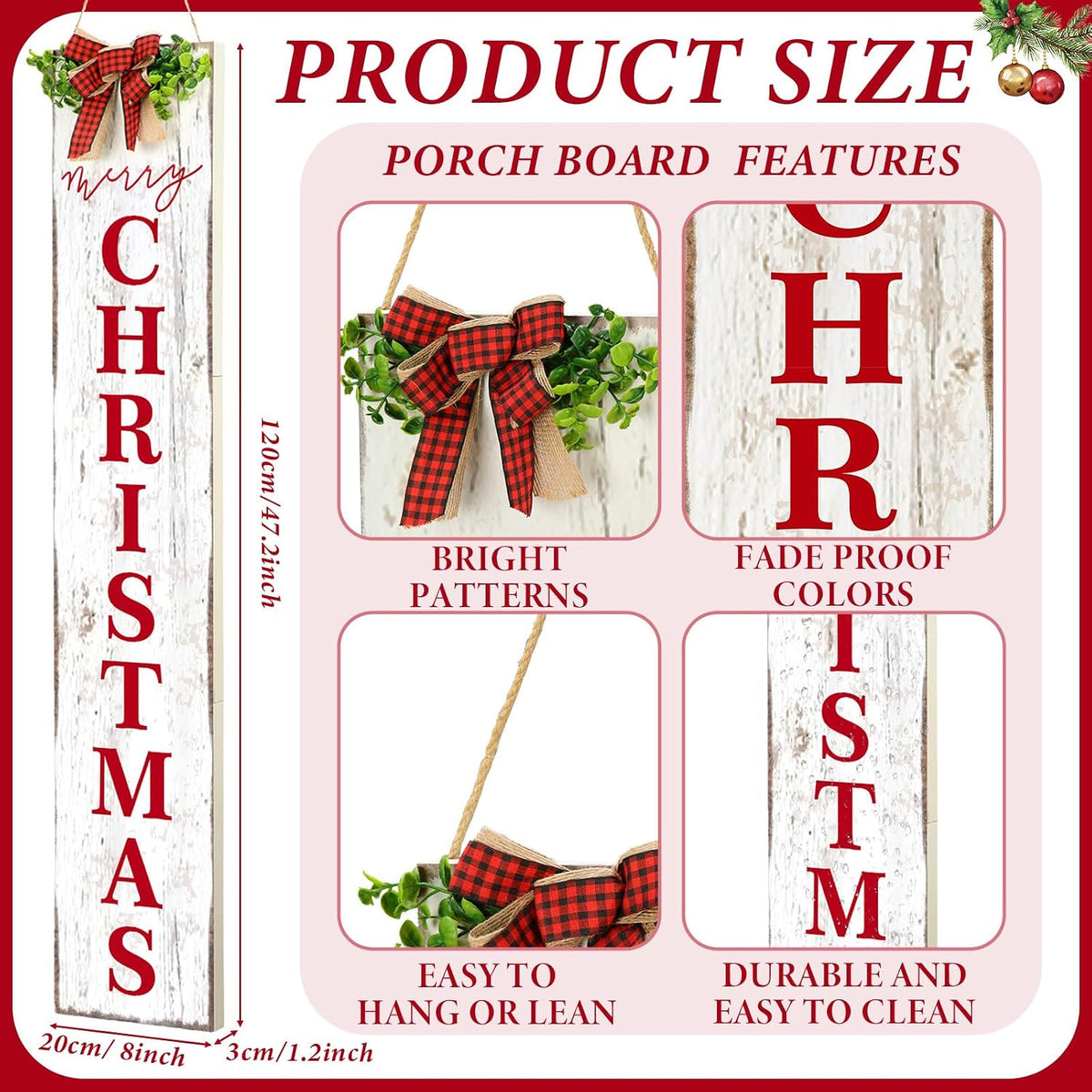 Merry Christmas Porch Sign, Front Door Hanging Decor, 42''