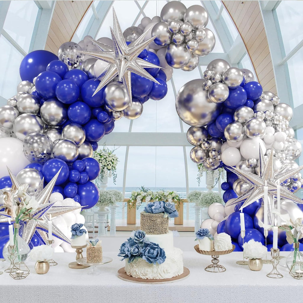 131Pcs Royal Blue and Silver Balloon Arch Garland Kit