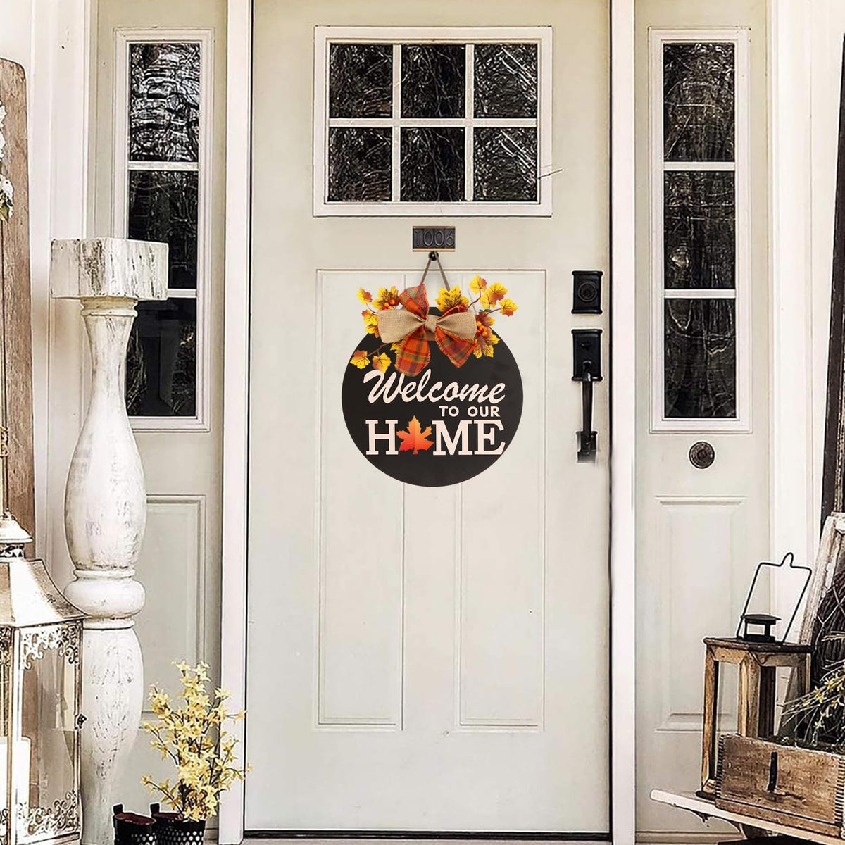 Interchangeable Welcome Sign for Front Door Decoration with 4 Seasonal Wreaths and 14 Holiday Icons, Black Welcome Door Hanger, Rustic Wooden Front Porch Sign Home Décor（Black）