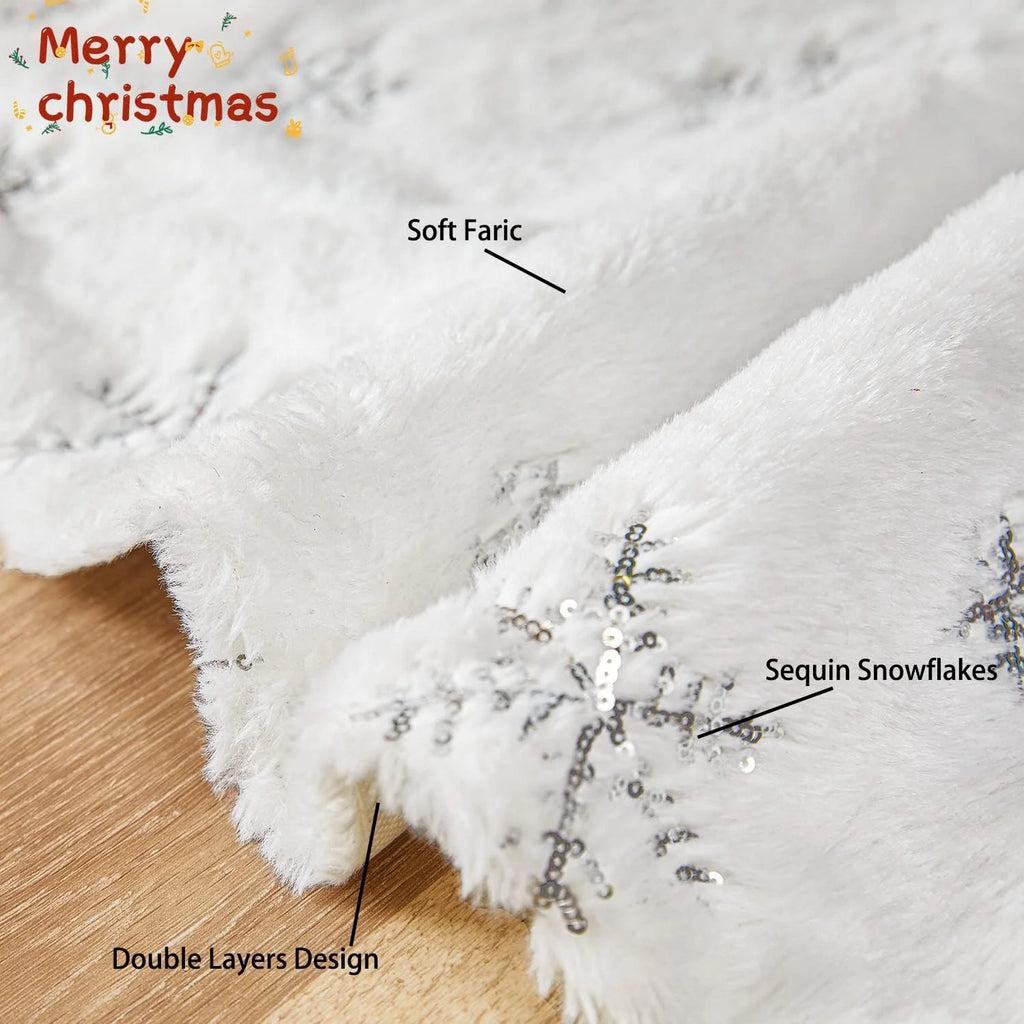Christmas Tree Skirt, 48 Inches Faux Fur White Christmas Tree Skirt for Christmas Tree Decorations Xmas Tree Skirt (Snowflake)