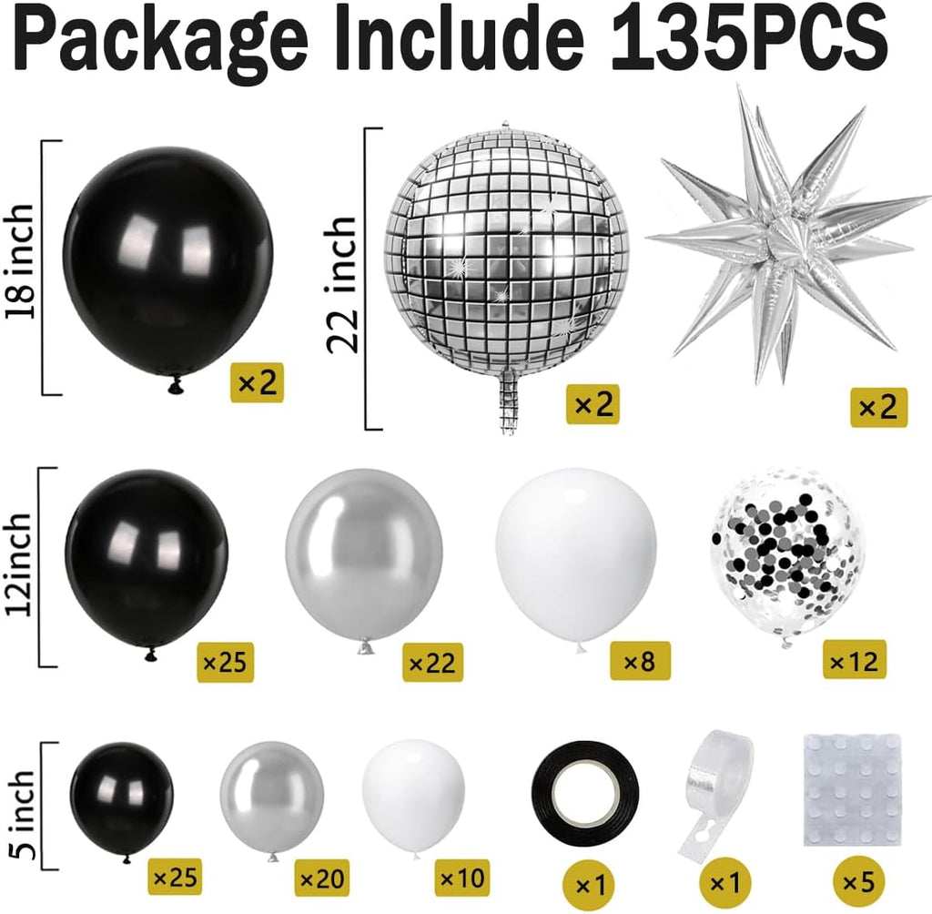 Black Silver Balloons Arch Kit Garland with Disco Ball Balloons