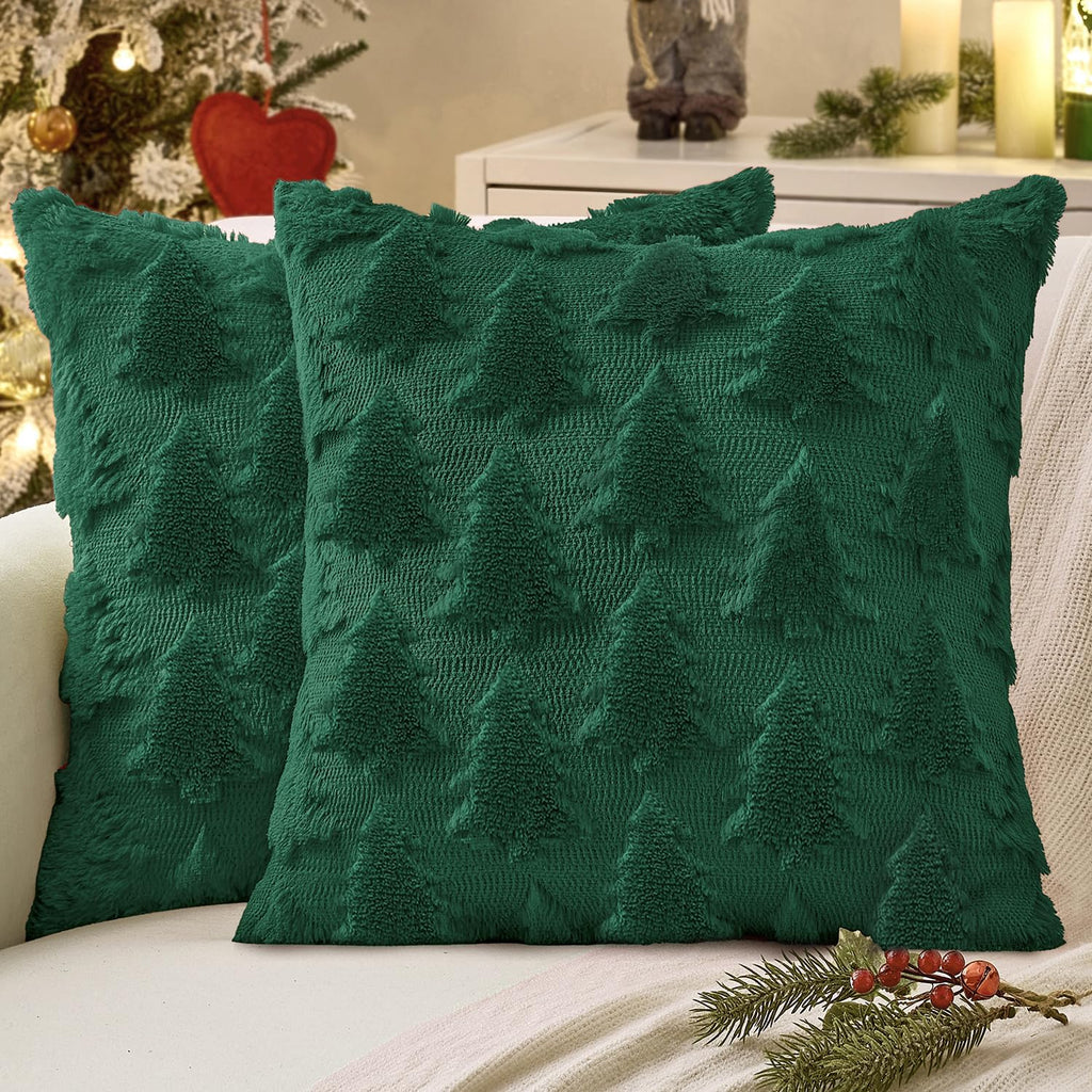 Dark Green Christmas Tree Pillow Covers, 18 x 18 Inch, Set of 2