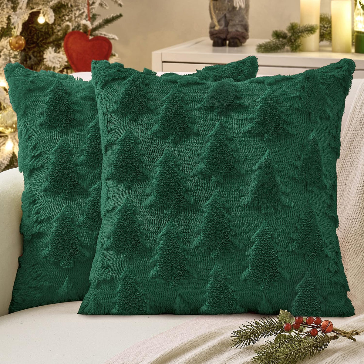 Dark Green Christmas Tree Pillow Covers, 18 x 18 Inch, Set of 2