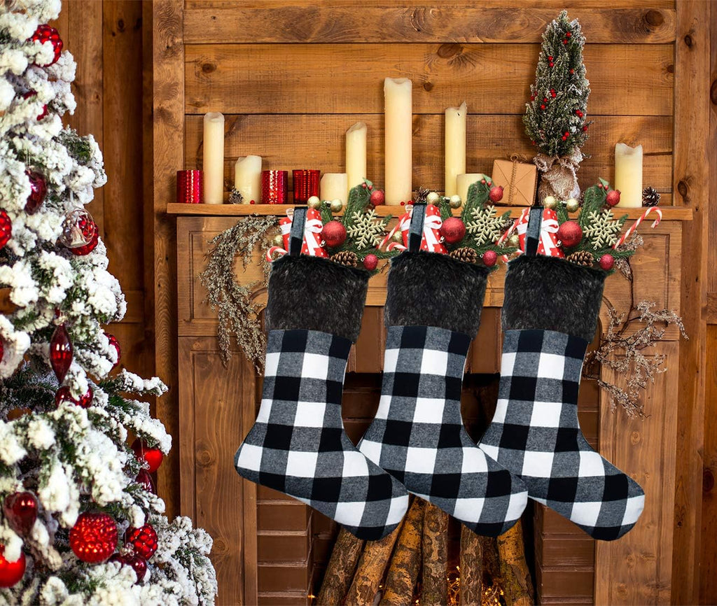 Christmas Stockings- 4 Pack 18" Black White Buffalo Plaid Christmas Stockings with Plush Faux Fur Cuff, Classic Large Christmas Stockings Decorations for Family Christmas Holiday Party Decor