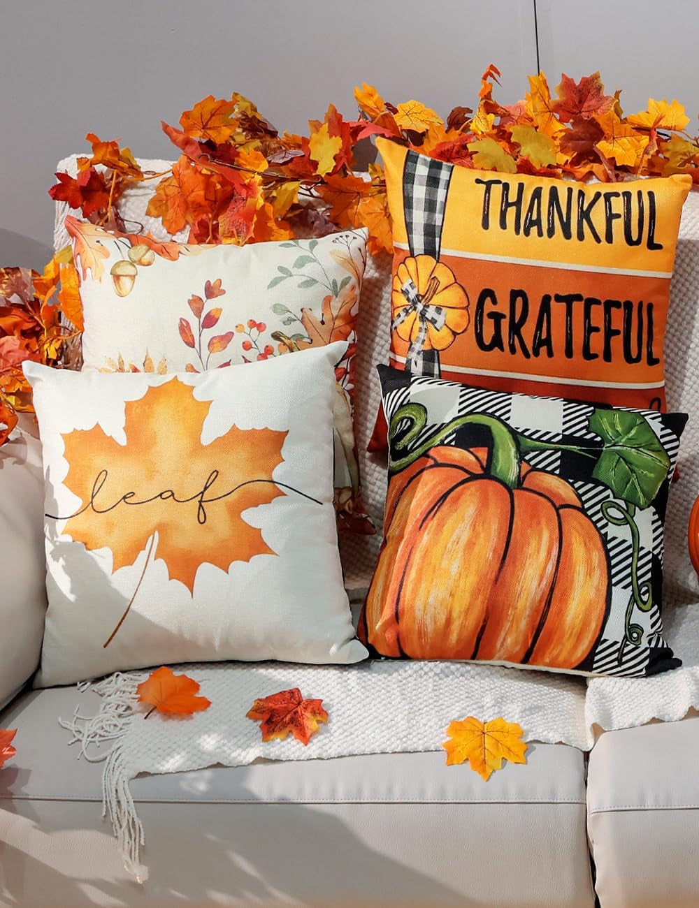 Fall Pillow Covers 18X18 4Pcs Double‑Sided Print Autumn Home Decor