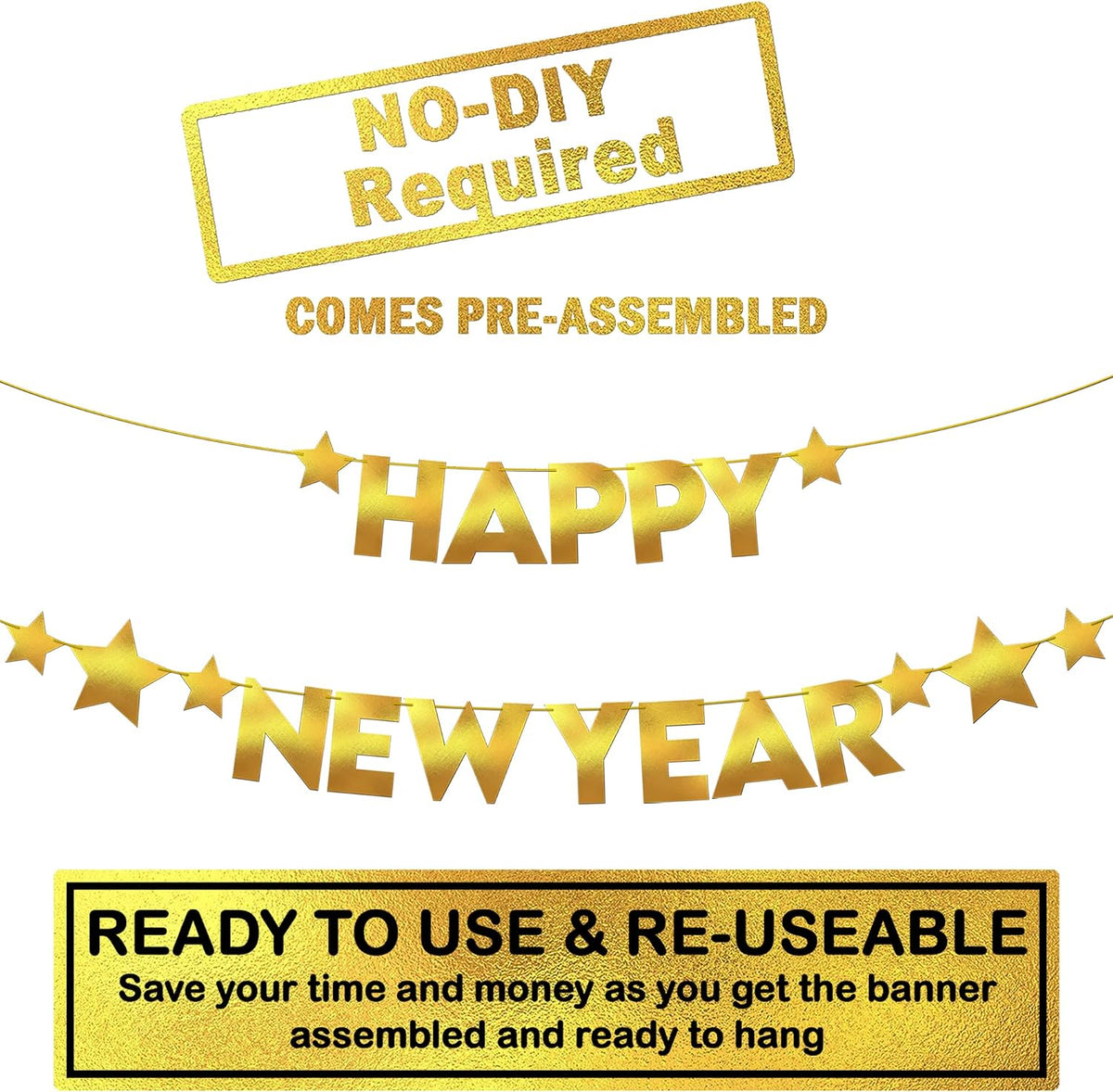 , Gold Happy New Year Banner - 10 Feet, Pre-Strung | Happy New Year Backdrop 2027 with Star for New Years Eve Party Supplies 2027 | New Years Decorations 2027 | NYE Decorations 2027