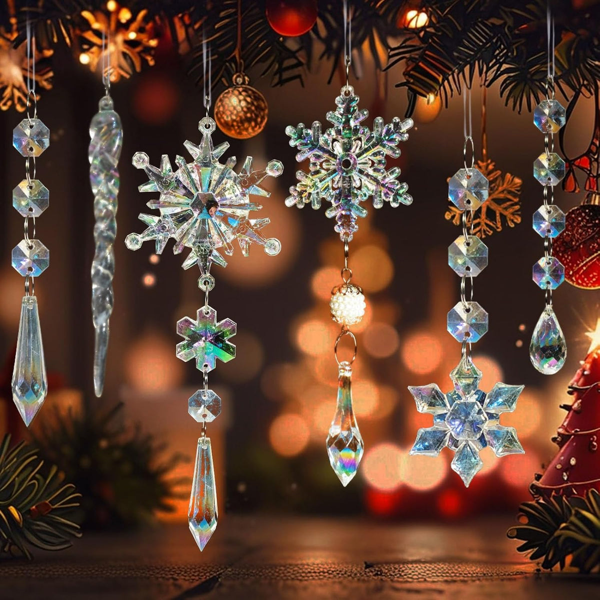 Crystal Christmas Tree Ornaments, 48Pcs Iridescent Acrylic Snowflake Icicle