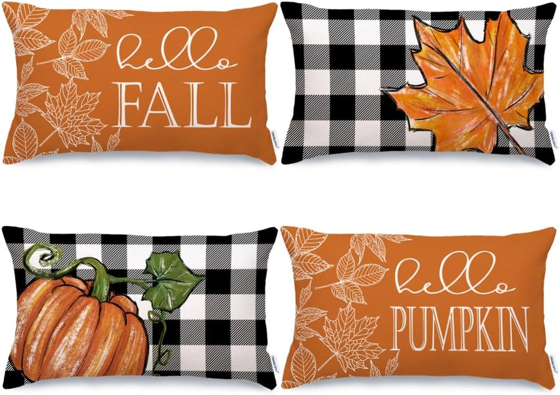 Buffalo Plaid Pumpkin Fall Pillow Covers, 12 x 20 in (Set of 4)
