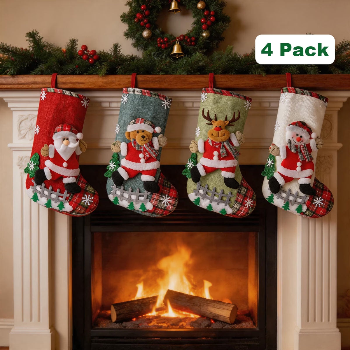 Santa, Snowman, Bear & Reindeer Stockings, 12 Inch, Set of 4
