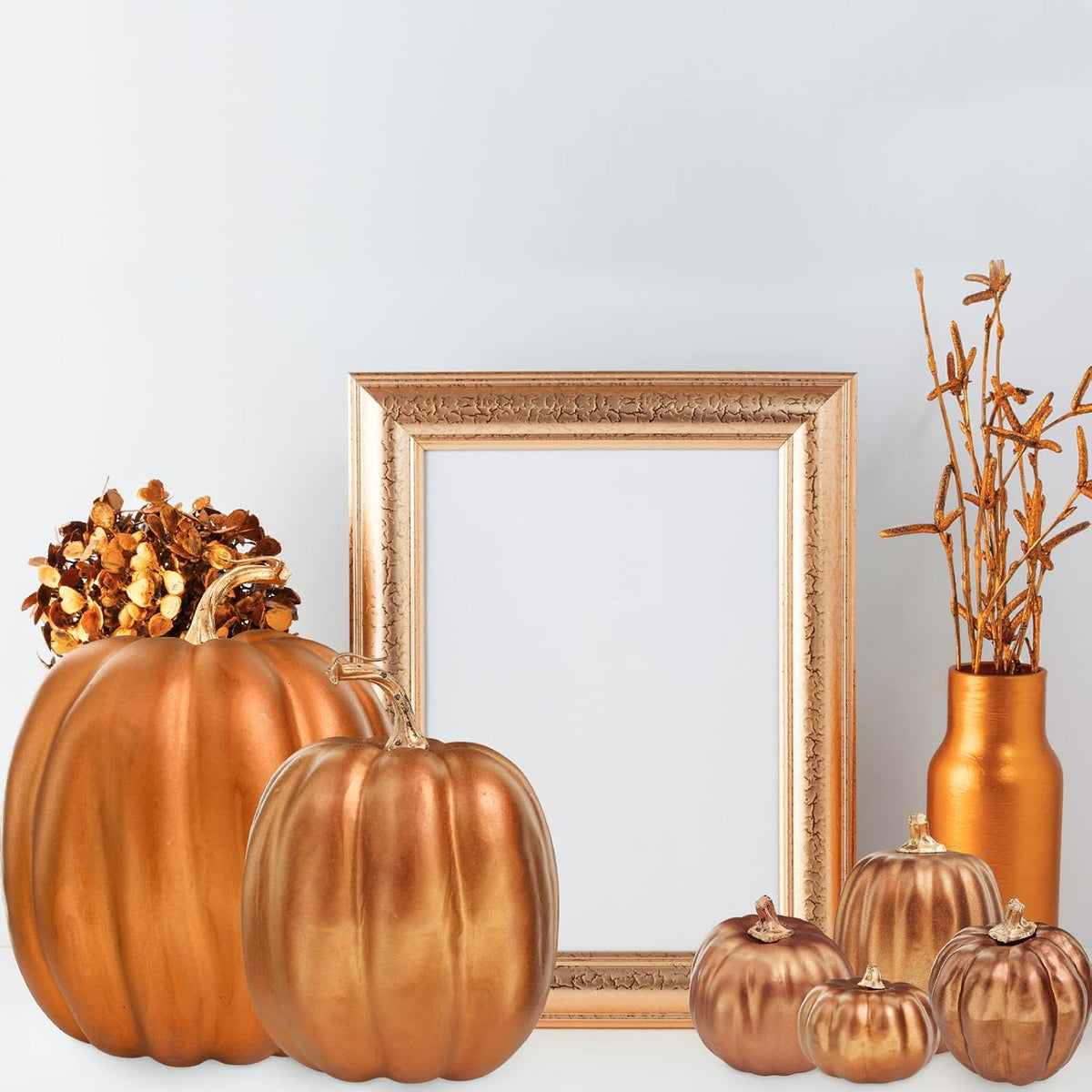 7 Pcs Assorted Sizes Artificial Metallic Bronze Pumpkins Rustic Decorative Fall Foam Pumpkins for Gifts Thanksgiving Halloween Harvest Fall Wedding Table Centerpiece Mantel Shelf Decor