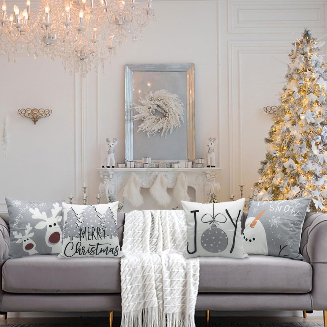 Christmas Pillow Covers 18X18 Set of 4 Christmas Decorations Snowman Deer Tree Winter Holiday Decor Throw Cushion Case for Home Couch