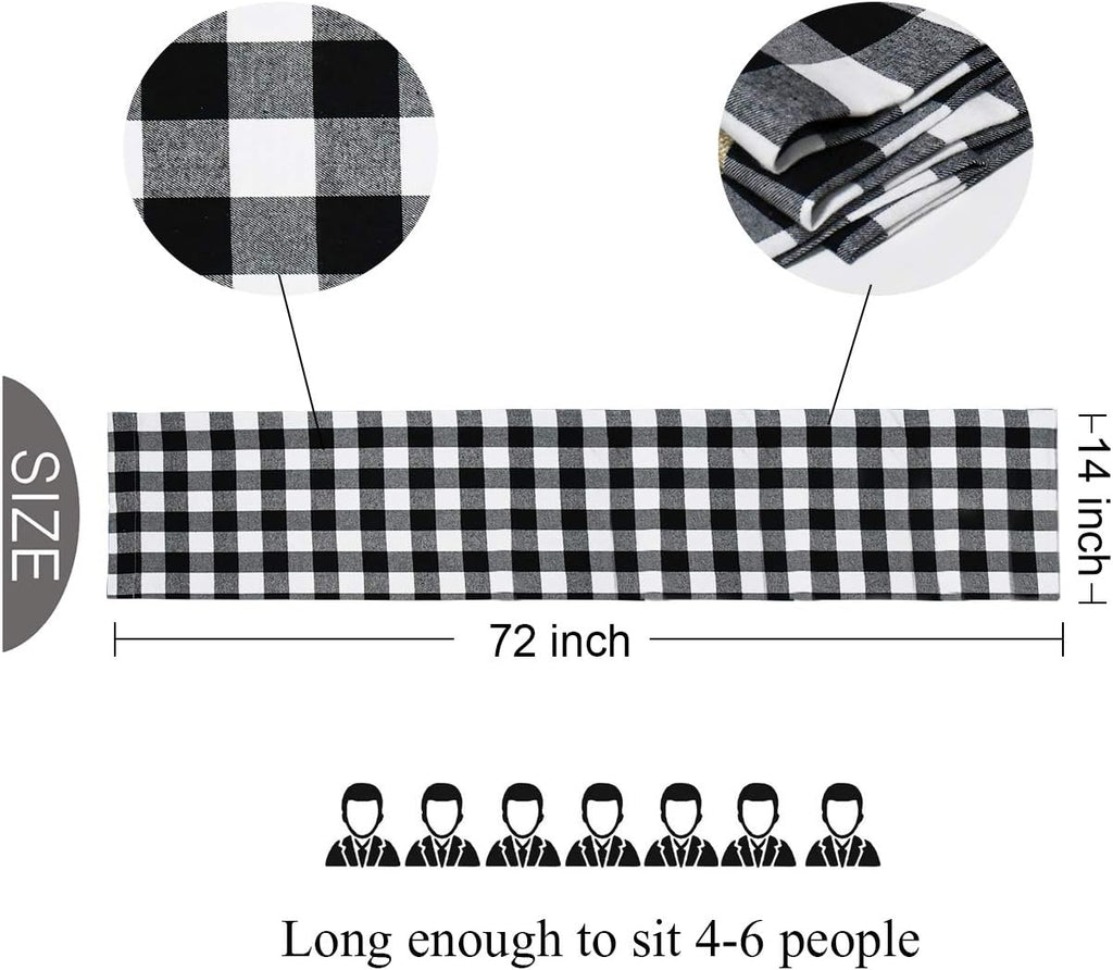 Buffalo Check Table Runner Cotton Black and White Plaid Classic Stylish Design for Family Dinner Christmas Holiday Birthday Party Table Home Decoration (White and Black, 14 X 72 Inch)