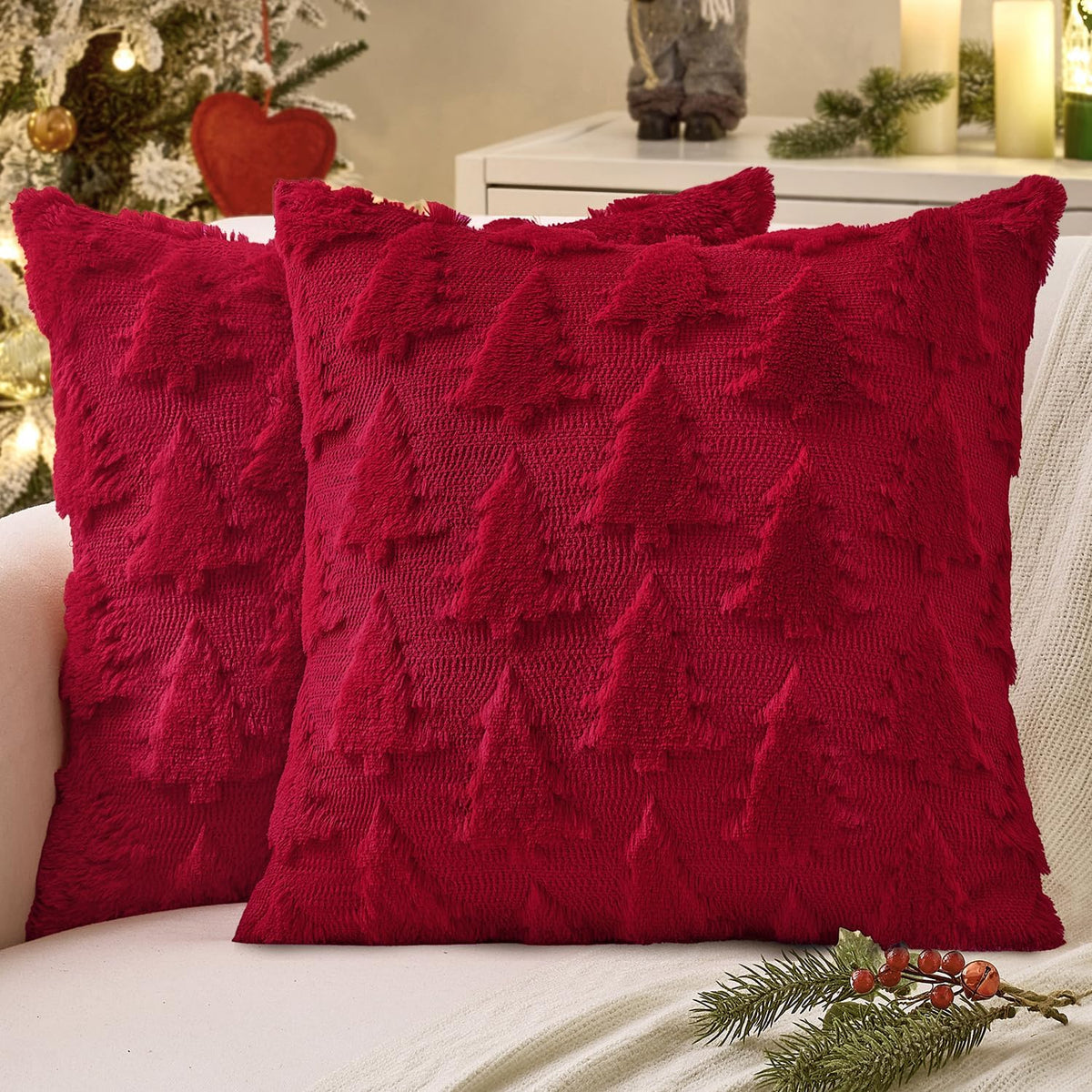 Burgundy Christmas Tree Pillow Covers, 18 x 18 Inch, Set of 2