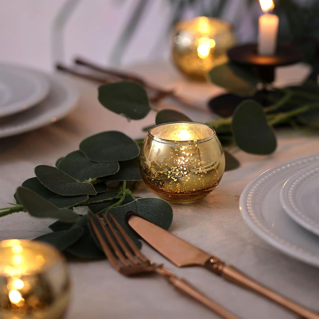 12 Pcs Gold Votive Candle Holders- Gold Centerpieces for Tables, Mercury Glass Votives for Wedding, Rehearsal Dinner, Engagement, Birthday Party Decorations