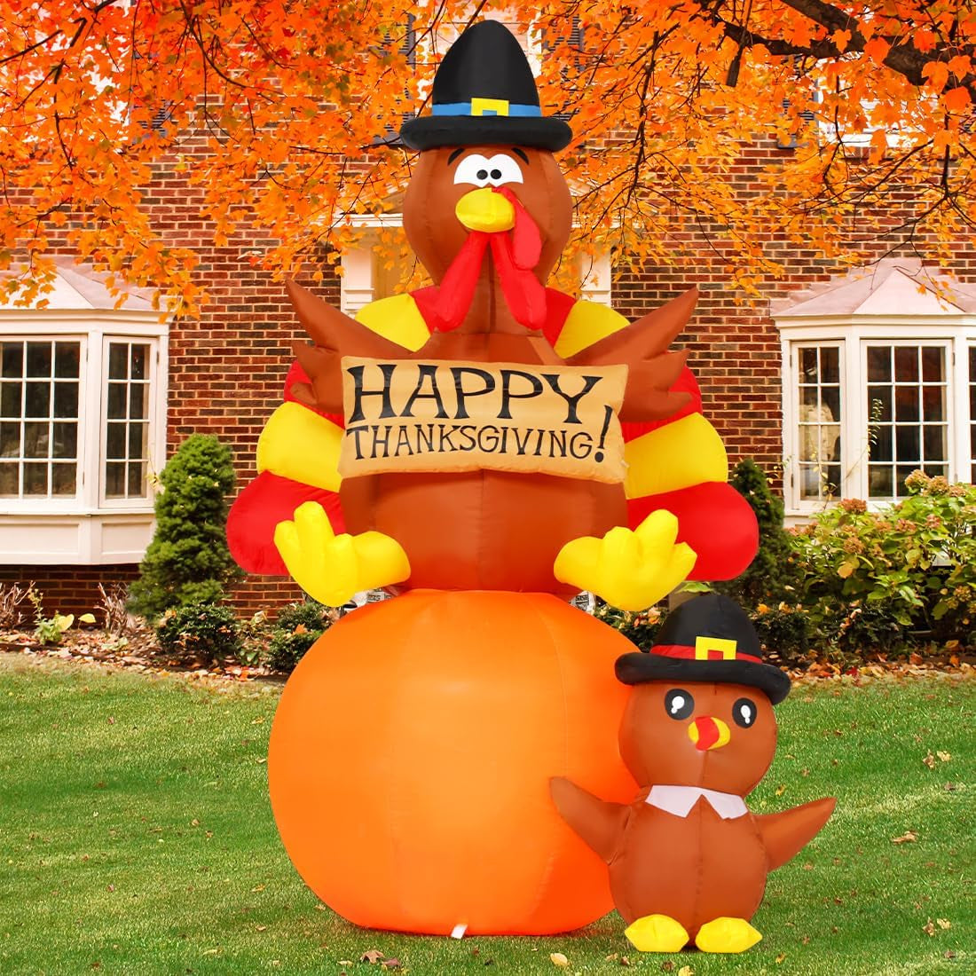 6 FT Thanksgiving Inflatables Turkey Outdoor Decorations Blow up Yard Turkey on Pumpkin with Turkey Baby with Built-In Leds for Indoor Party Garden Lawn Decor