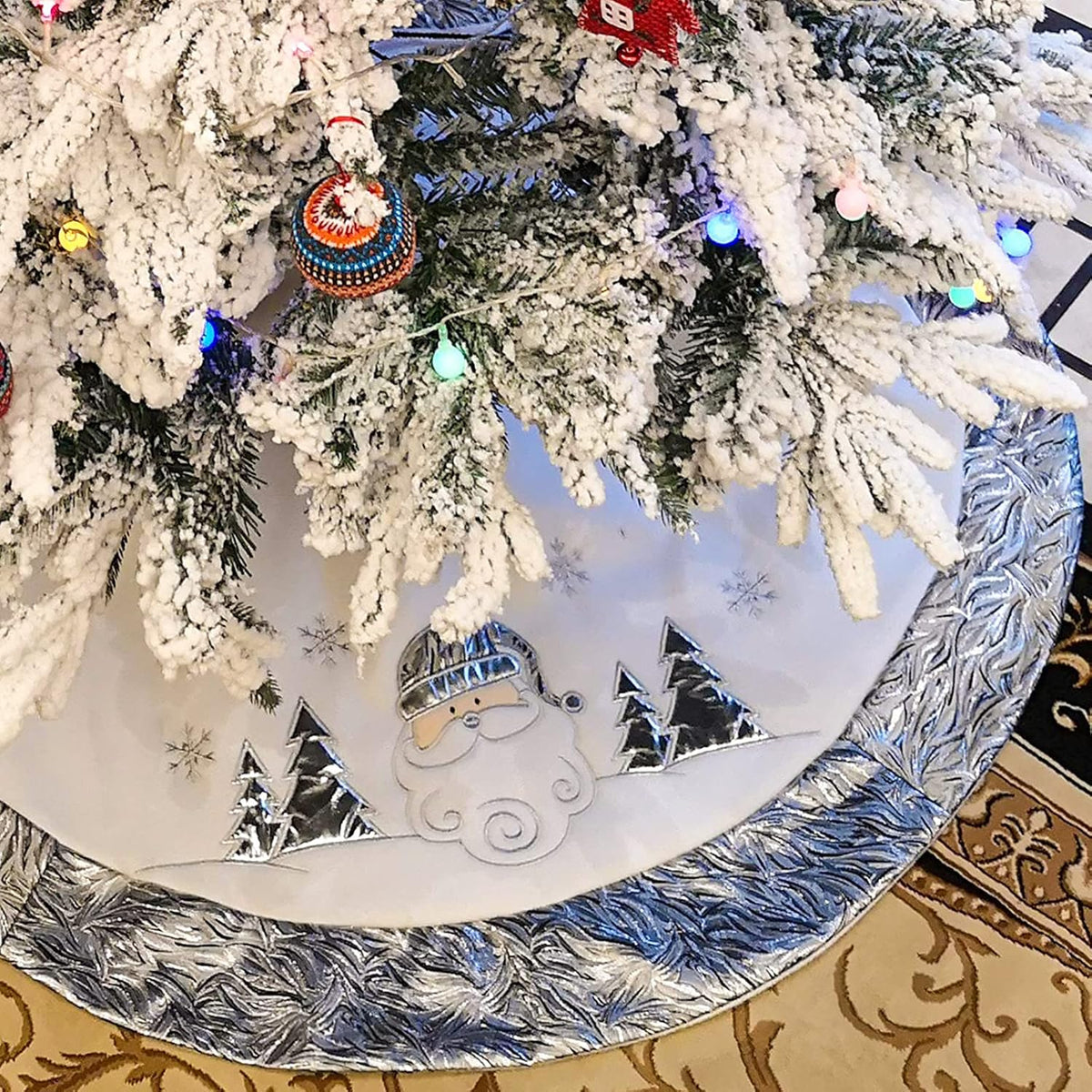 Silver and White Embroidered Santa Tree Skirt, 36 in