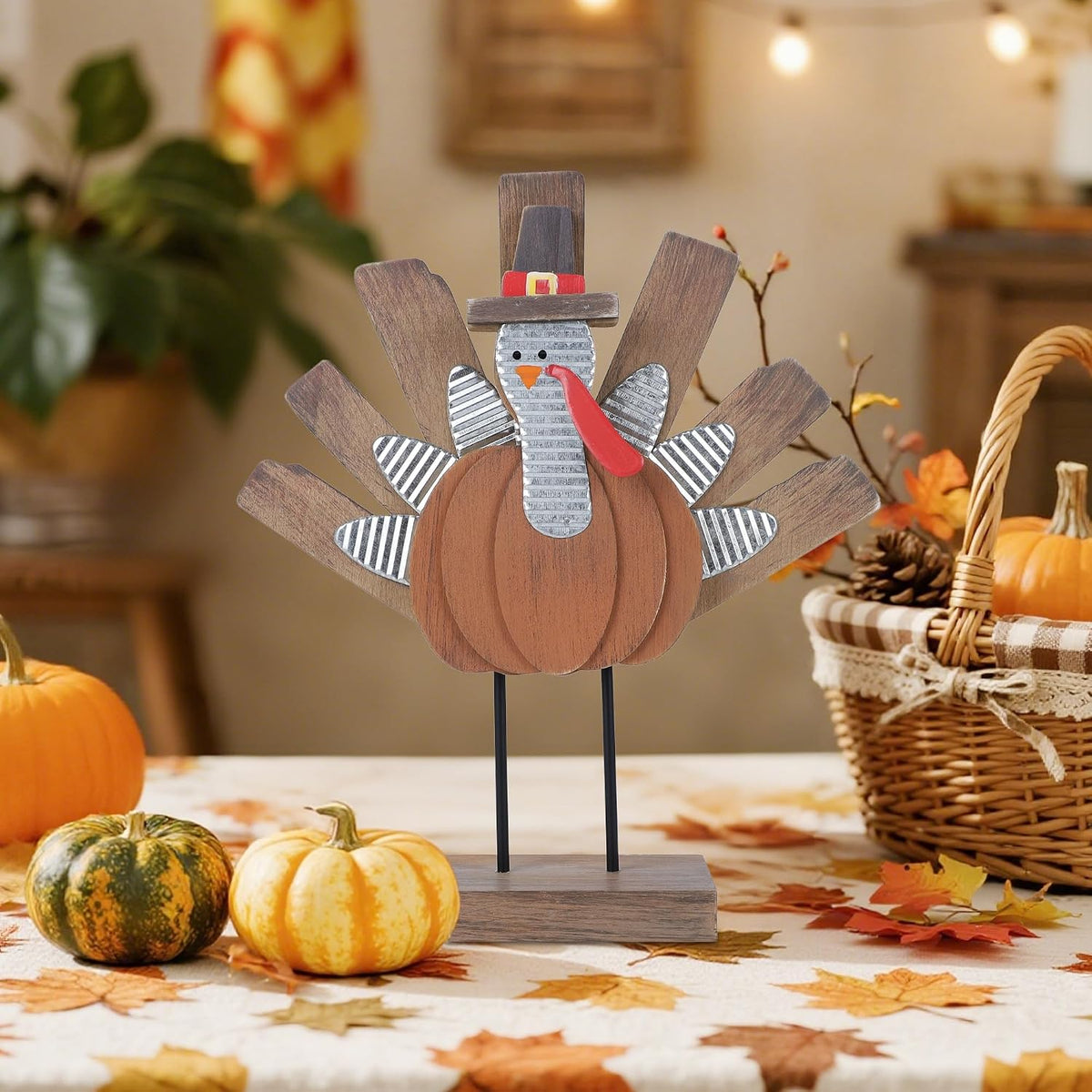 Thanksgiving Turkey Decoration, Wooden Indoor Standing Tabletop Turkey Decor for Home Office Bedroom Kitchen Thanksgiving Harvest Day Decorations