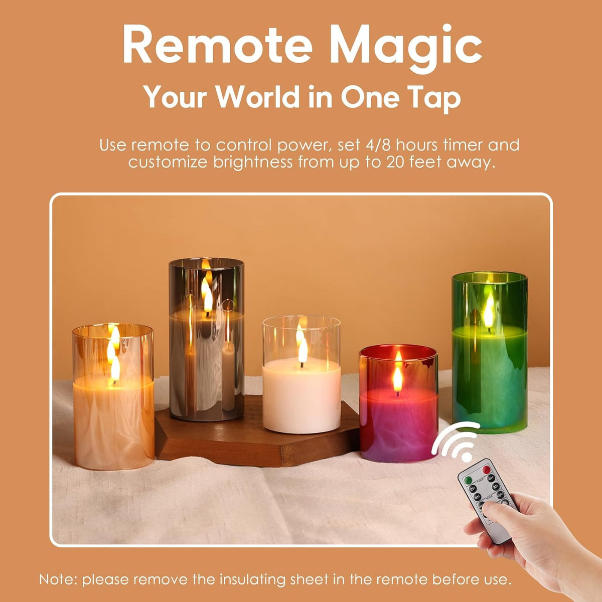 Gold Glass Flameless Pillar Candles with Remote, Flickering Fall LED Candles Battery Operated Set of 3