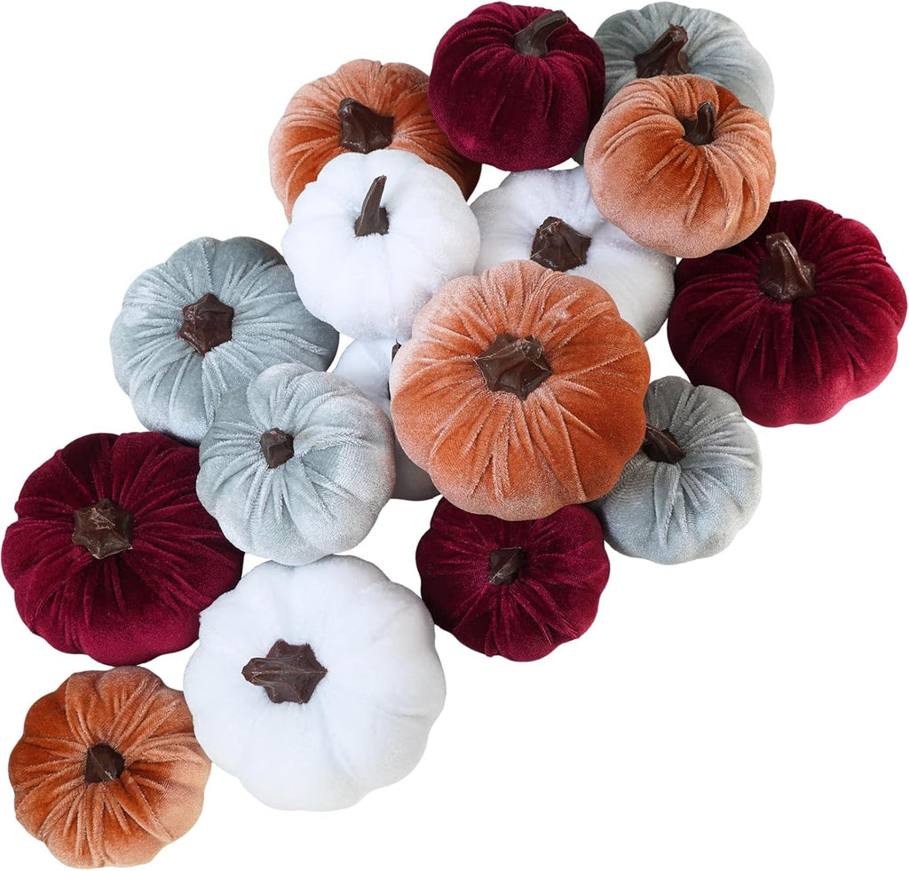 Velvet Pumpkins in Burgundy, Bronze, Gray and White (Set of 16)