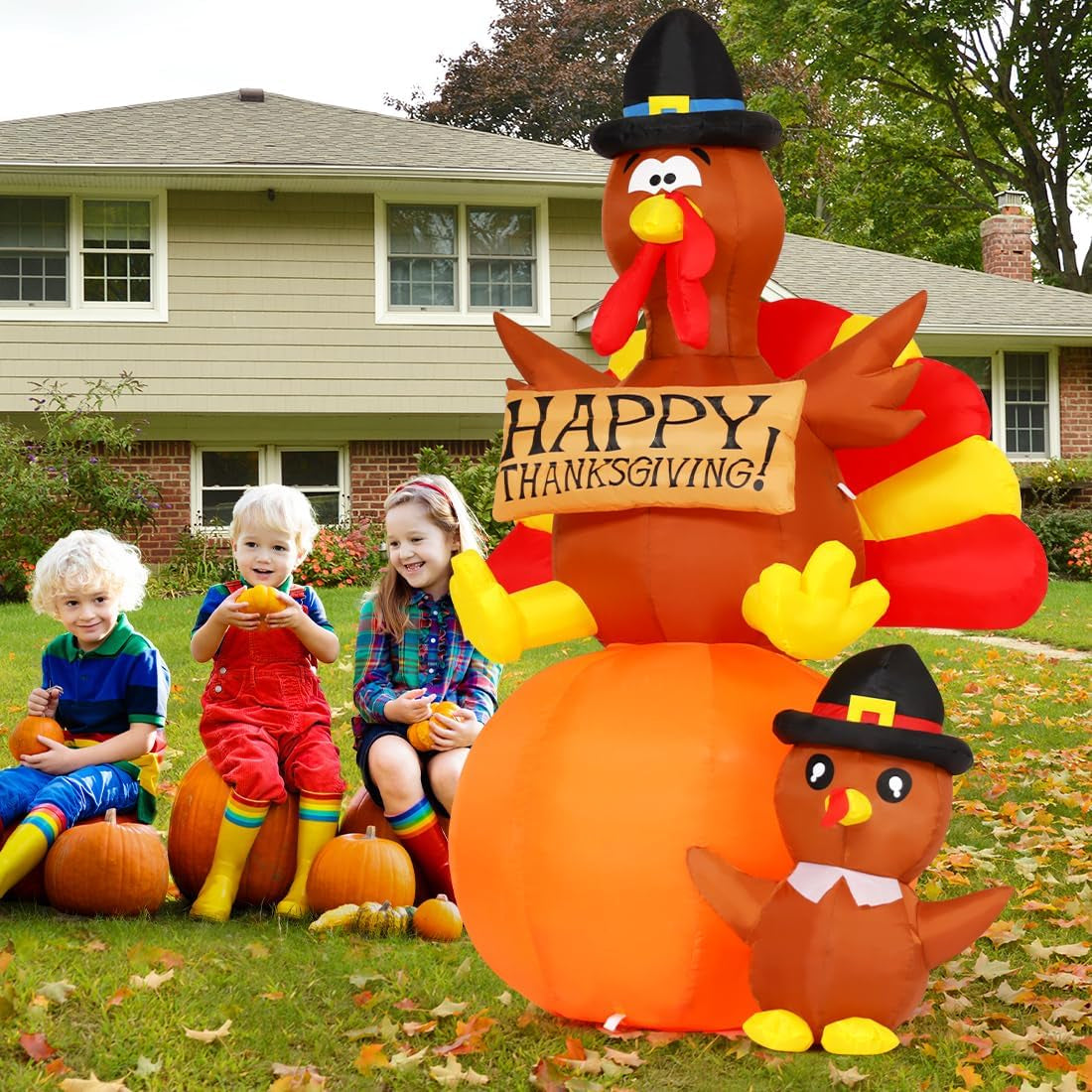 6 FT Thanksgiving Inflatables Turkey Outdoor Decorations Blow up Yard Turkey on Pumpkin with Turkey Baby with Built-In Leds for Indoor Party Garden Lawn Decor