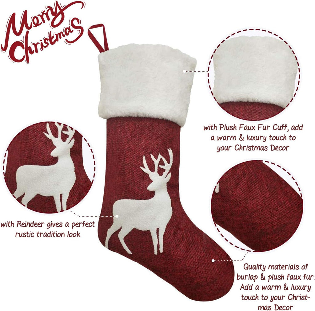 Christmas Stockings, 2 Pcs 18 Inches Christmas Stockings, Burlap with Large Plush Cuff Stockings, for Family Holiday Xmas Party Decorations (Red-Deer)