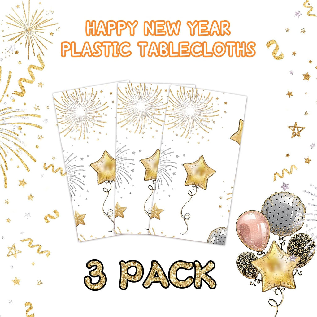 Happy New Year Tablecloths 3 Pack New Years Eve Party Supplies 2027 Gold & White Tablecloths for Rectangle Tables Happy New Year Decorations