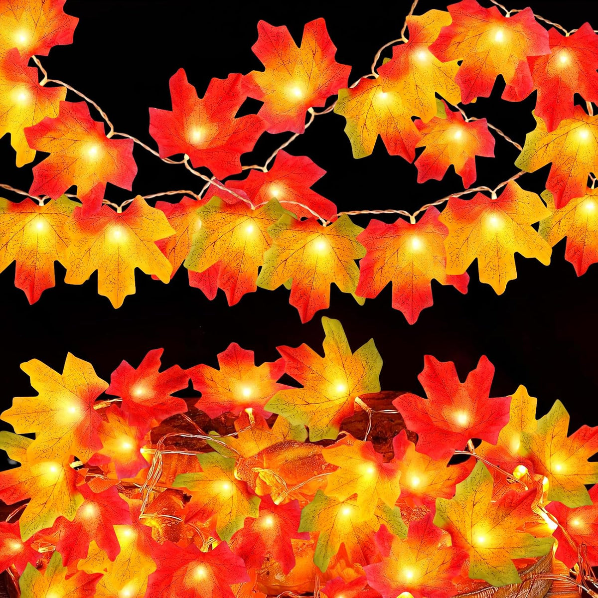 Maple Leaf String Lights, Battery Operated (2-Pack, 20 ft Total)