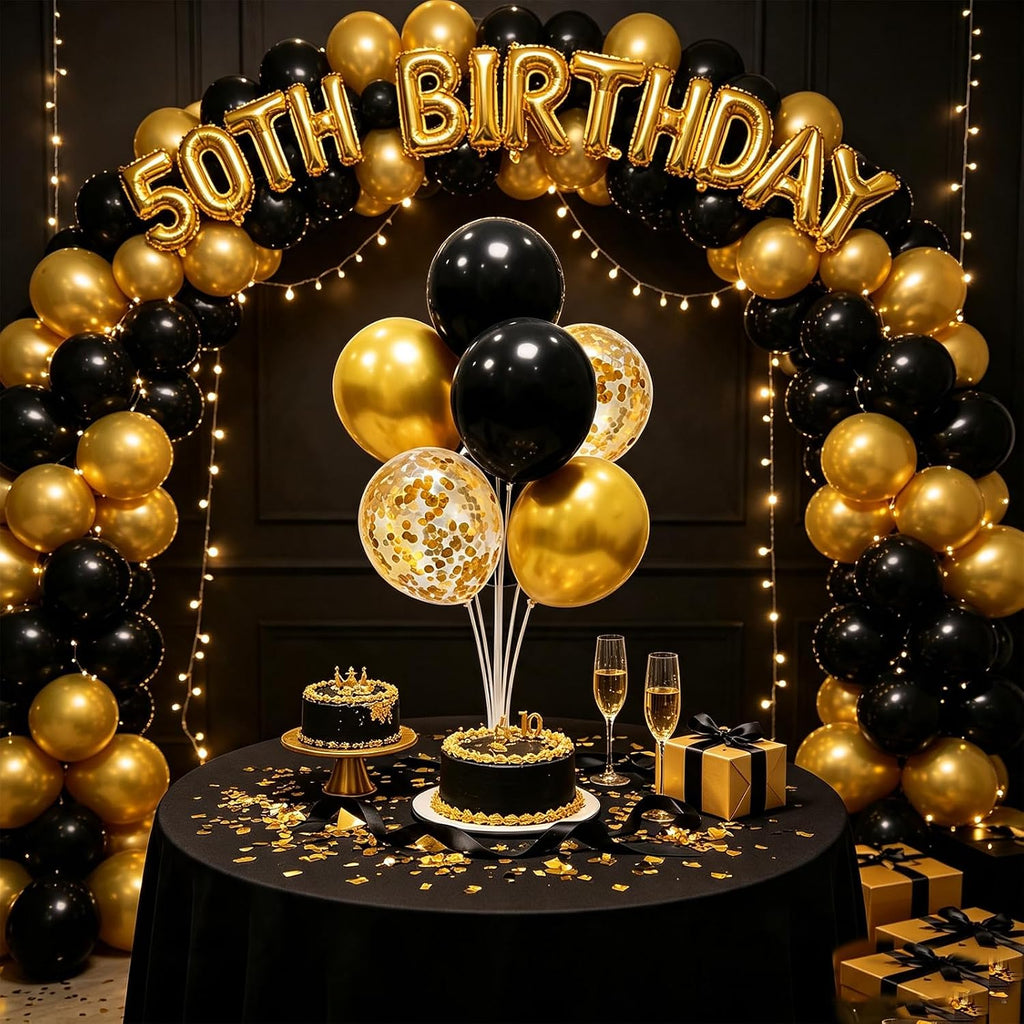4 Set Black and Gold Balloon Stand Table Centerpieces Party Decor