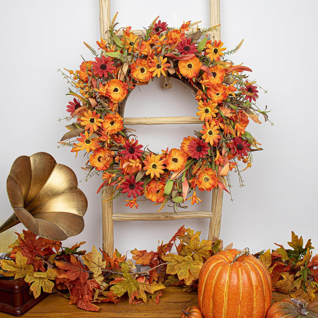 Artificial Fall Wreath 22 Inch Autumn Wreaths for Front Door Orange Daisy Wreath with Wildflowers Berries for Indoor Outdoor Wall Farmhouse Thanksgiving Day Harvest Festival Celebration