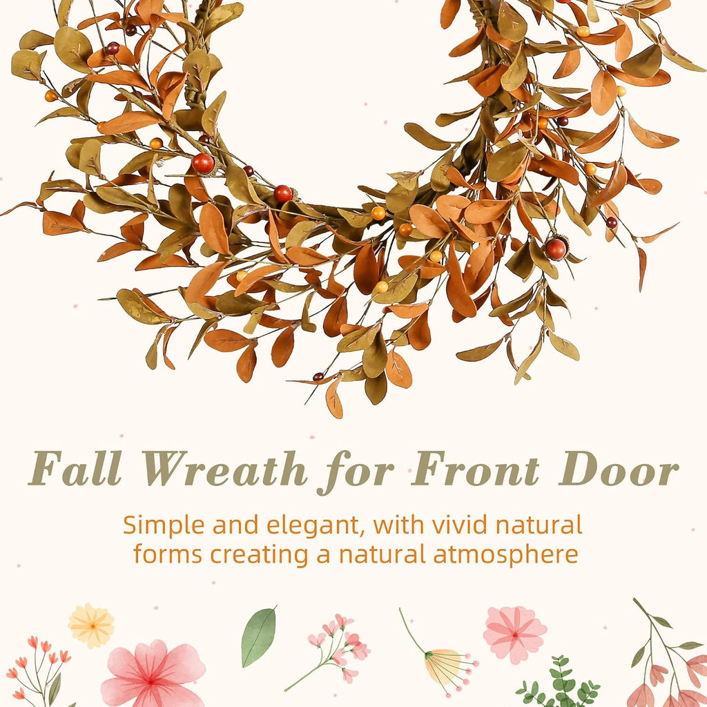 20" Fall Wreath for Front Door, Brown Eucalyptus and Berry Decor