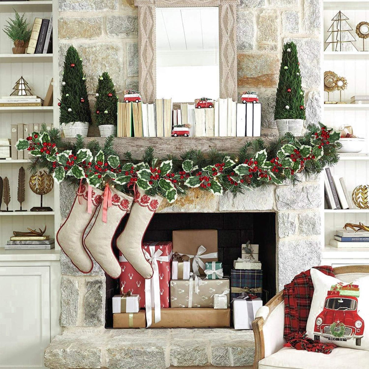 6FT Red Berry Christmas Garland, Flexible Artificial Berry Garland for Indoor Outdoor Home Fireplace Decoration for Winter Christmas Holiday New Year Decor