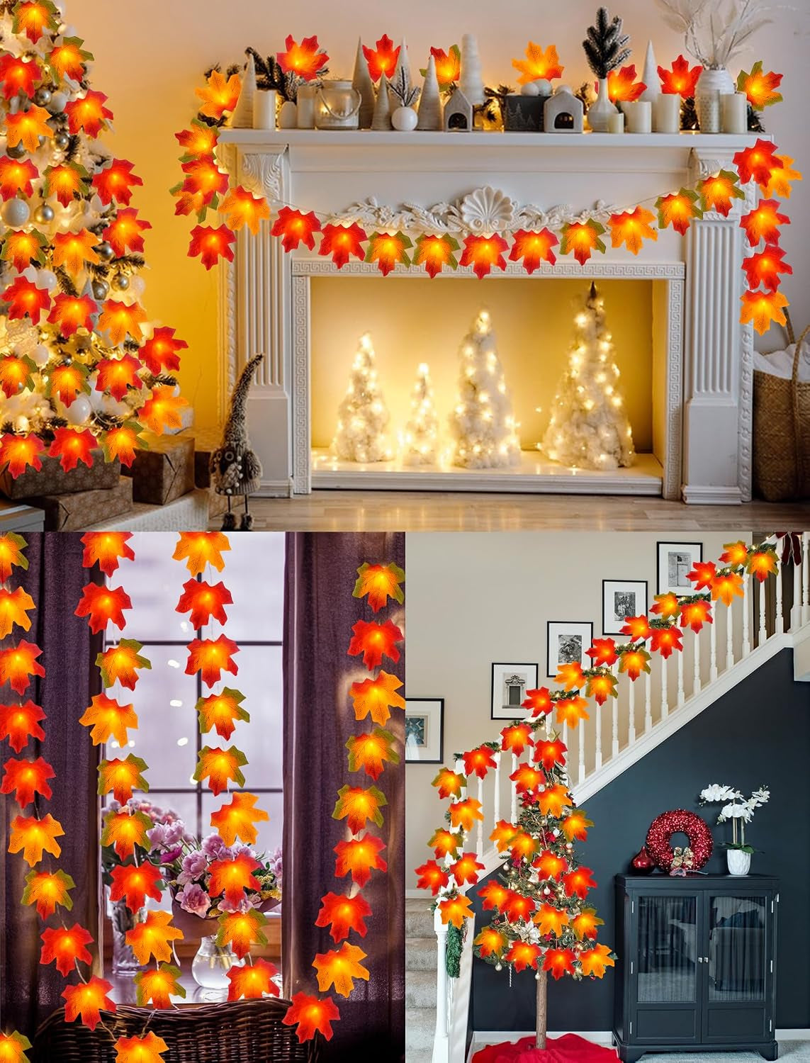 Fall Thanksgiving Decorations for Home 2Pack Total 20Ft 40LED Enlarged Maples Leaf String Lights Battery Operated Maple Leaves Garland with Lights for Indoor Outdoor Autumn Halloween Christmas Decor