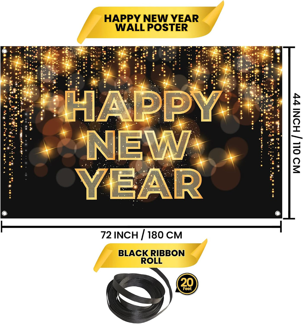 , Xtralarge Happy New Year Banner - 72 X 44 Inch | Happy New Year Backdrop for New Years Decorations 2027| NYE Eve Banner for NYE Decorations 2027| New Years Eve Party Supplies 2027