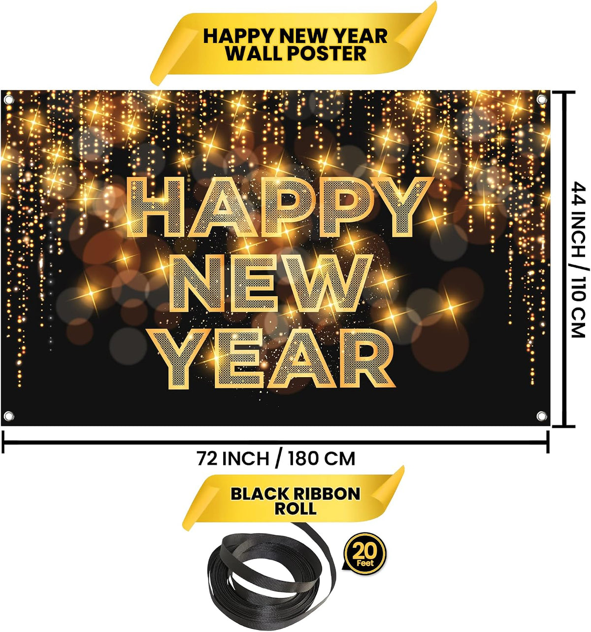 , Xtralarge Happy New Year Banner - 72 X 44 Inch | Happy New Year Backdrop for New Years Decorations 2027| NYE Eve Banner for NYE Decorations 2027| New Years Eve Party Supplies 2027
