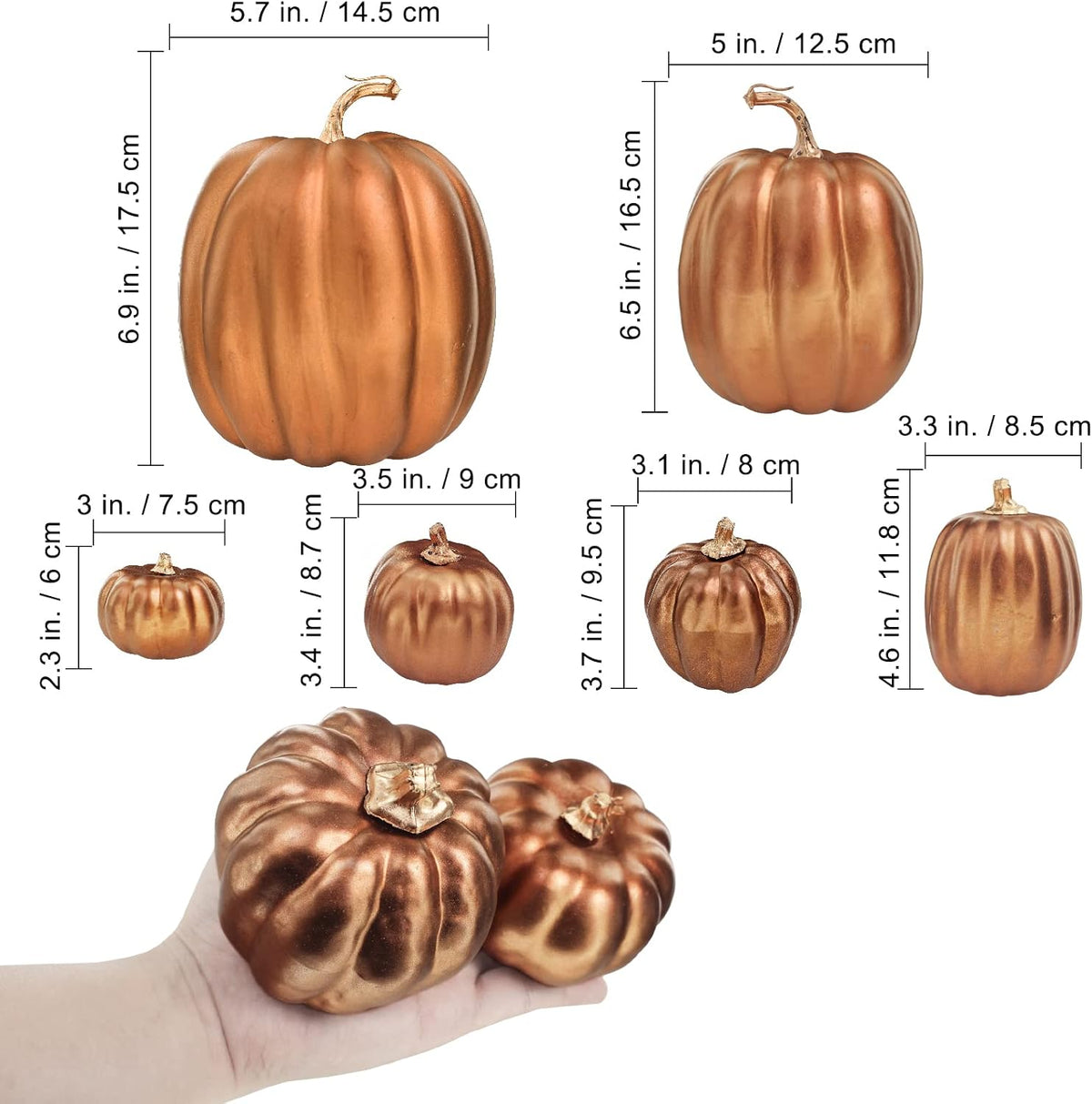 7 Pcs Assorted Sizes Artificial Metallic Bronze Pumpkins Rustic Decorative Fall Foam Pumpkins for Gifts Thanksgiving Halloween Harvest Fall Wedding Table Centerpiece Mantel Shelf Decor