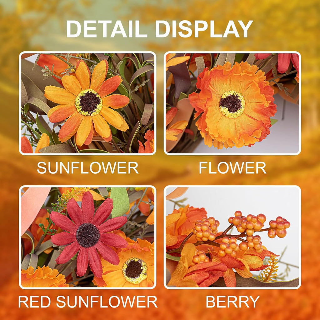 Artificial Fall Wreath 22 Inch Autumn Wreaths for Front Door Orange Daisy Wreath with Wildflowers Berries for Indoor Outdoor Wall Farmhouse Thanksgiving Day Harvest Festival Celebration