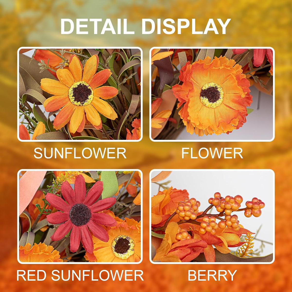Artificial Fall Wreath 22 Inch Autumn Wreaths for Front Door Orange Daisy Wreath with Wildflowers Berries for Indoor Outdoor Wall Farmhouse Thanksgiving Day Harvest Festival Celebration