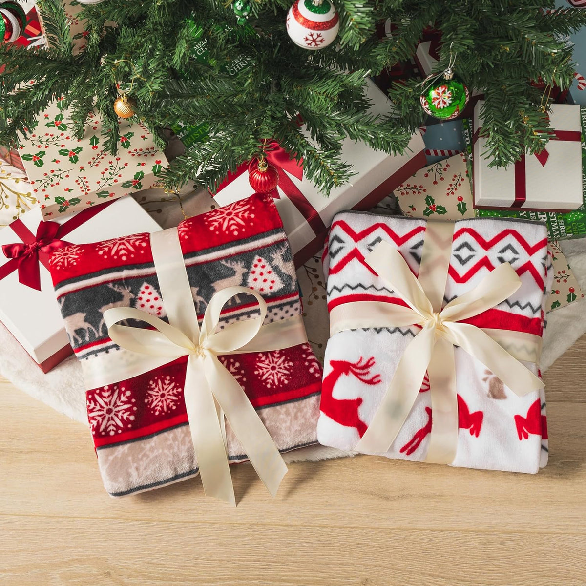 Christmas Reindeer Snowflake Throw Blanket, Red Winter Fleece 50X60