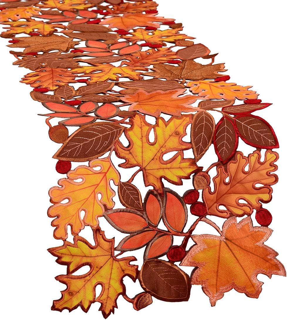 Embroidered Fall Leaves Table Runner (14 x 88 in)