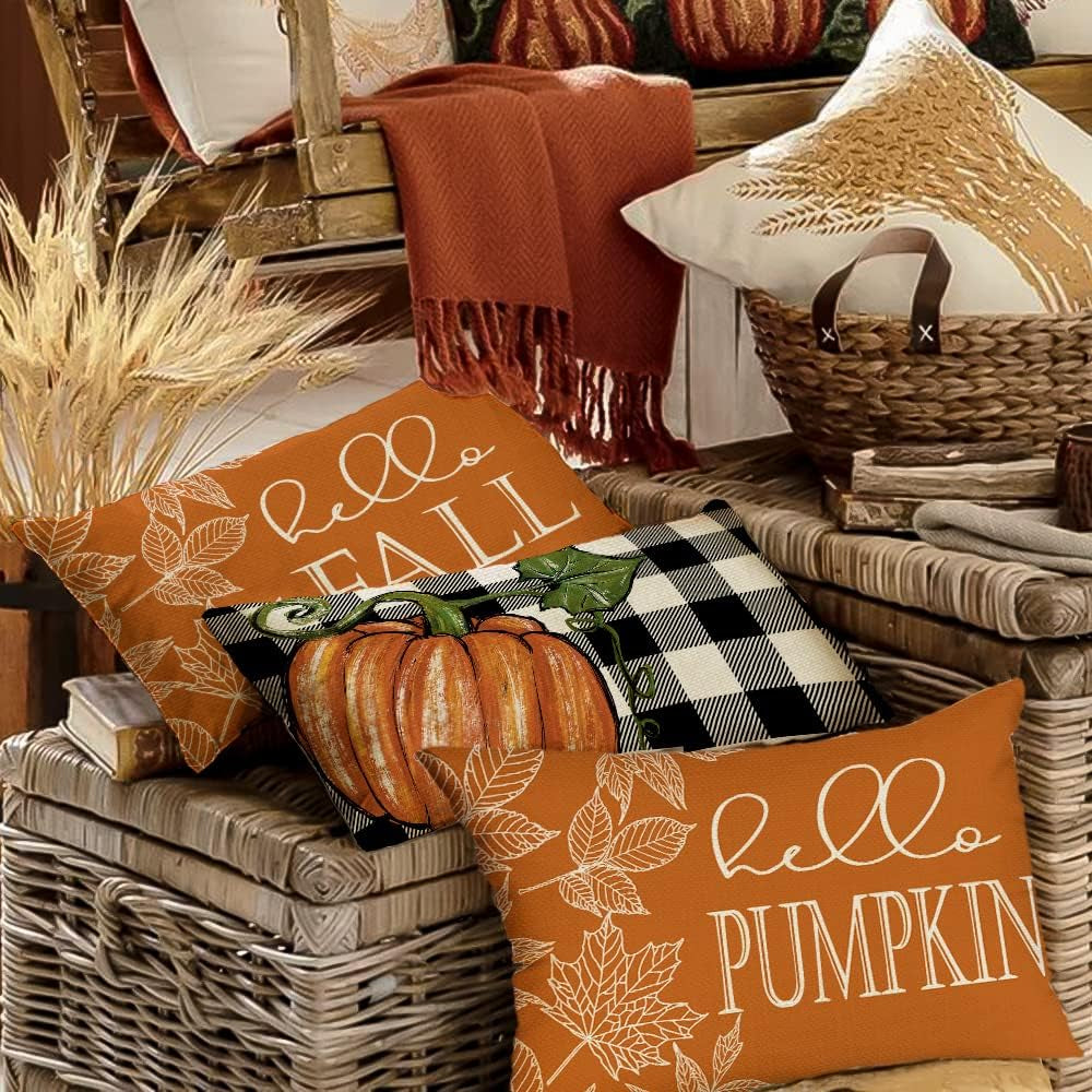 Fall Pillow Covers 12X20 Set of 4 Buffalo Plaid Pumpkin Maple Leaves