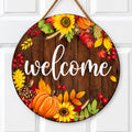 Fall Welcome Wooden Door Sign with Sunflowers and Pumpkins