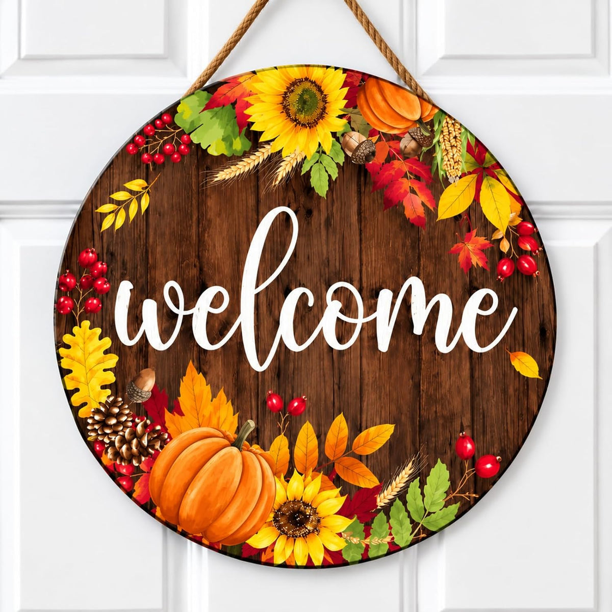 Fall Welcome Wooden Door Sign with Sunflowers and Pumpkins