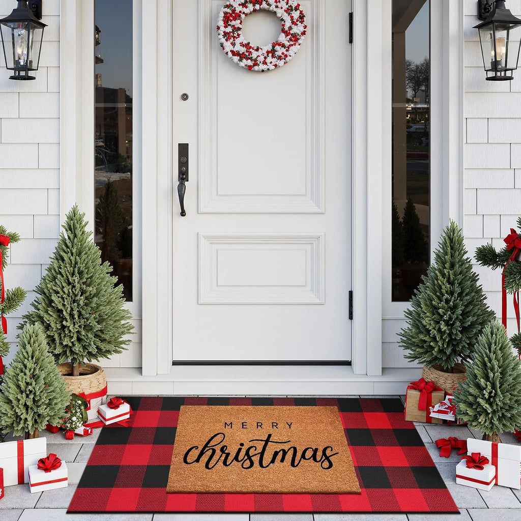 Christmas Door Mat 24"X51" Buffalo Plaid Cotton Washable Outdoor Rug