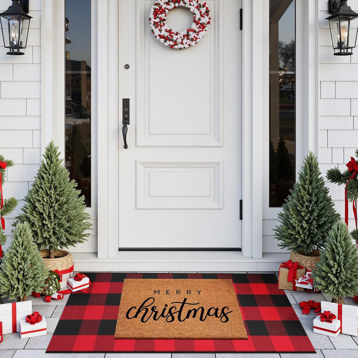 Christmas Door Mat 24"X51" Buffalo Plaid Cotton Washable Outdoor Rug