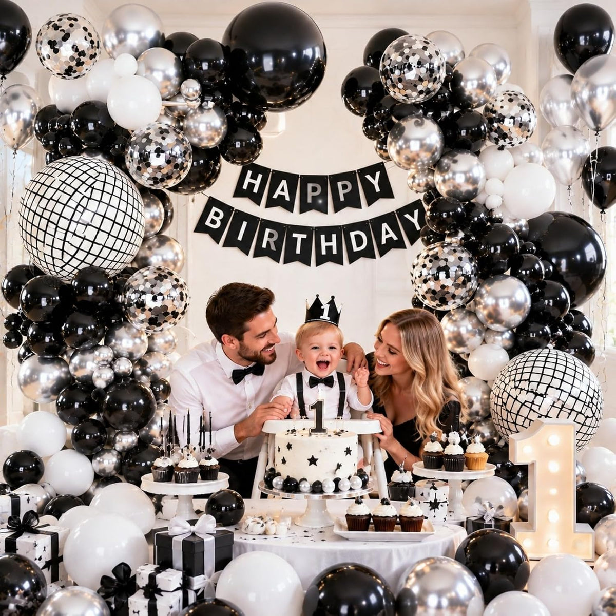 Black Silver Balloons Arch Kit Garland with Disco Ball Balloons