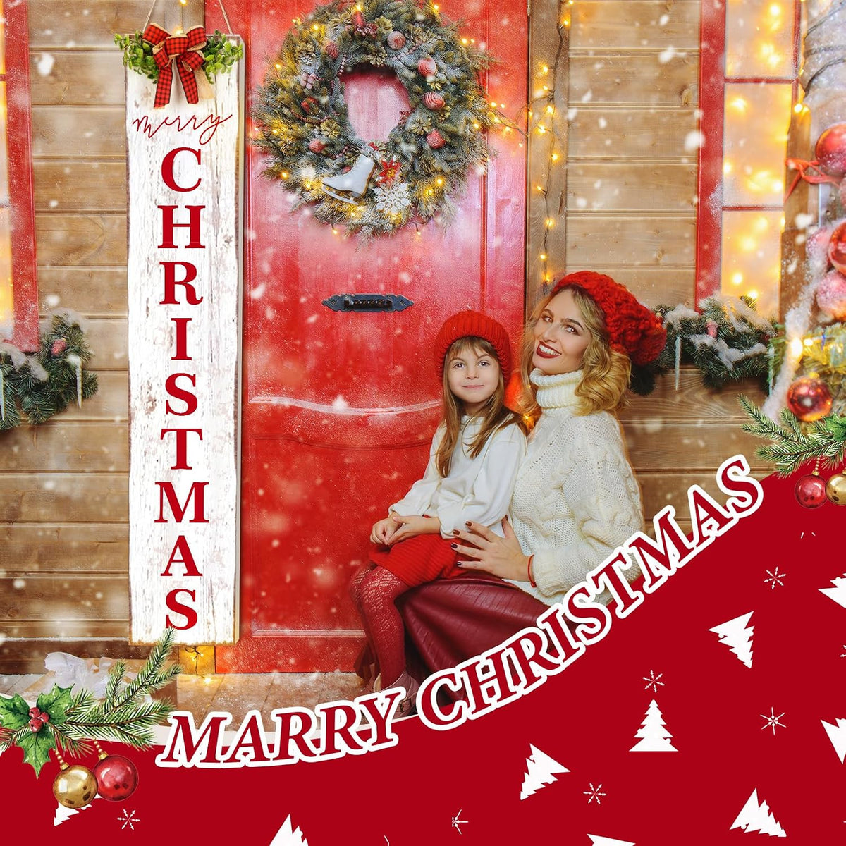 Merry Christmas Porch Sign, Front Door Hanging Decor, 42''