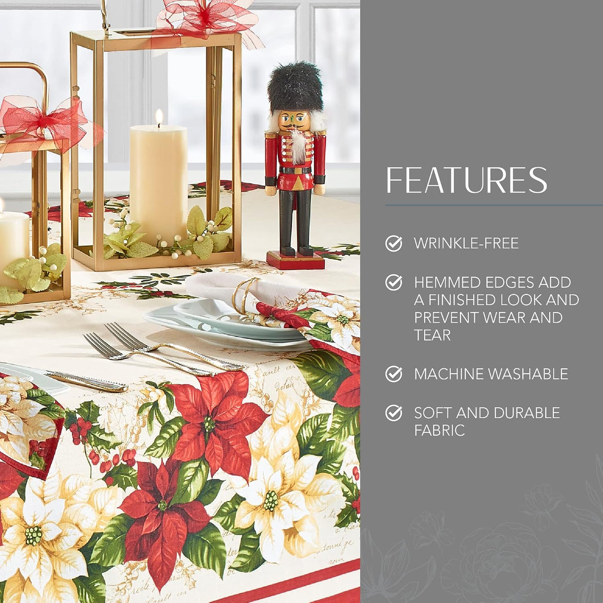 Red and White Poinsettias Tablecloth, Multicolor - 60"W X 120"L