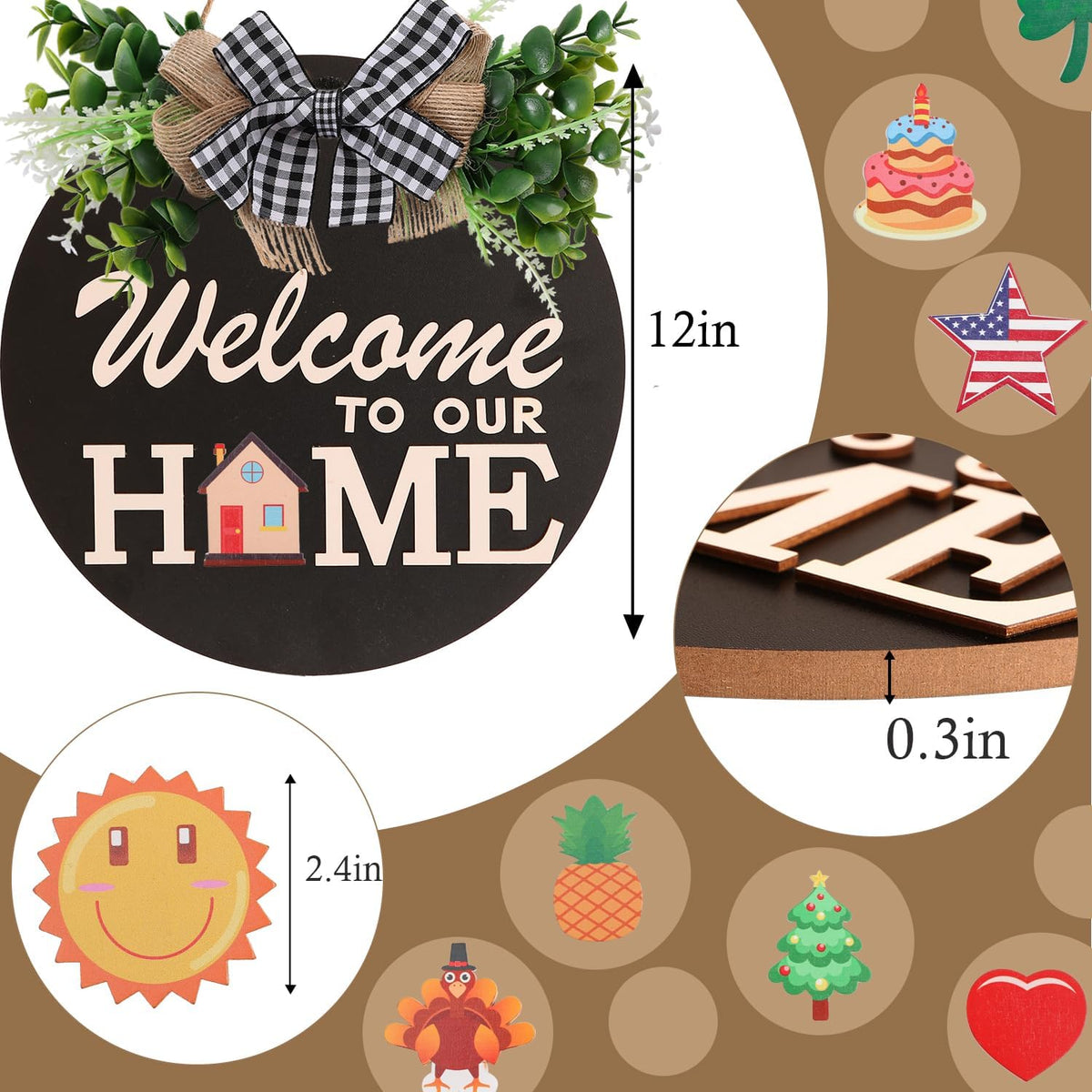 Interchangeable Welcome Sign for Front Door Decoration with 4 Seasonal Wreaths and 14 Holiday Icons, Black Welcome Door Hanger, Rustic Wooden Front Porch Sign Home Décor（Black）