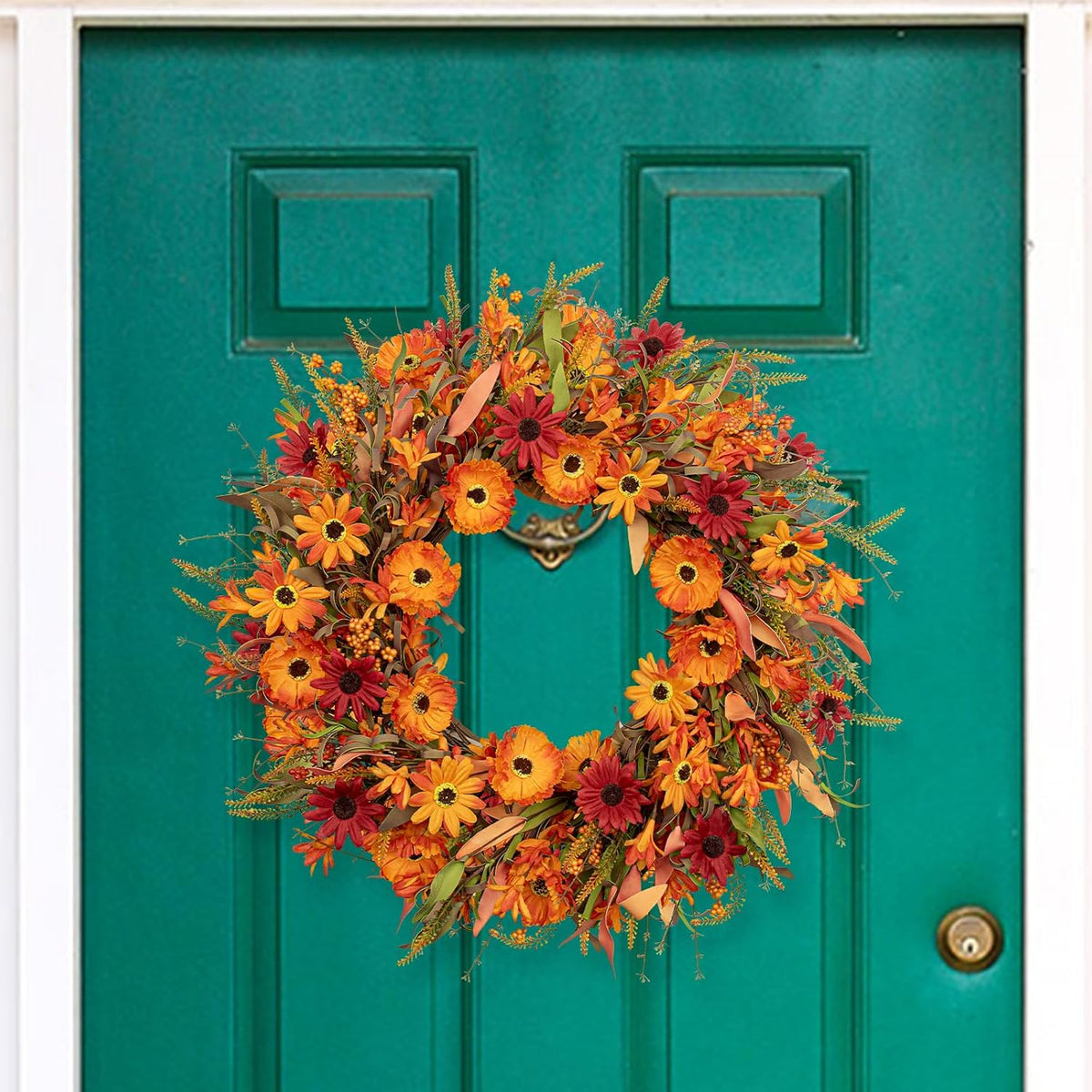 Artificial Fall Wreath 22 Inch Autumn Wreaths for Front Door Orange Daisy Wreath with Wildflowers Berries for Indoor Outdoor Wall Farmhouse Thanksgiving Day Harvest Festival Celebration