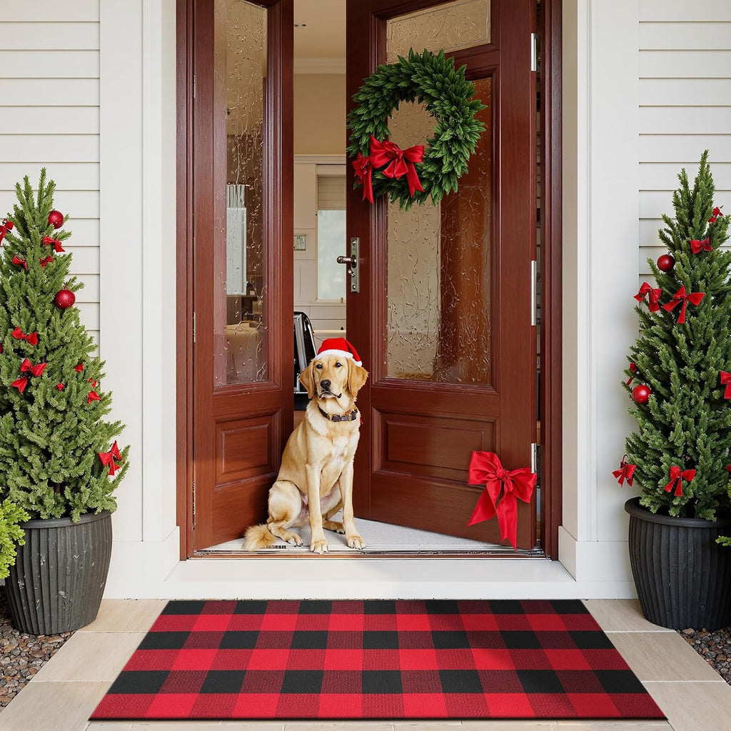 Christmas Door Mat 24"X51" Buffalo Plaid Cotton Washable Outdoor Rug